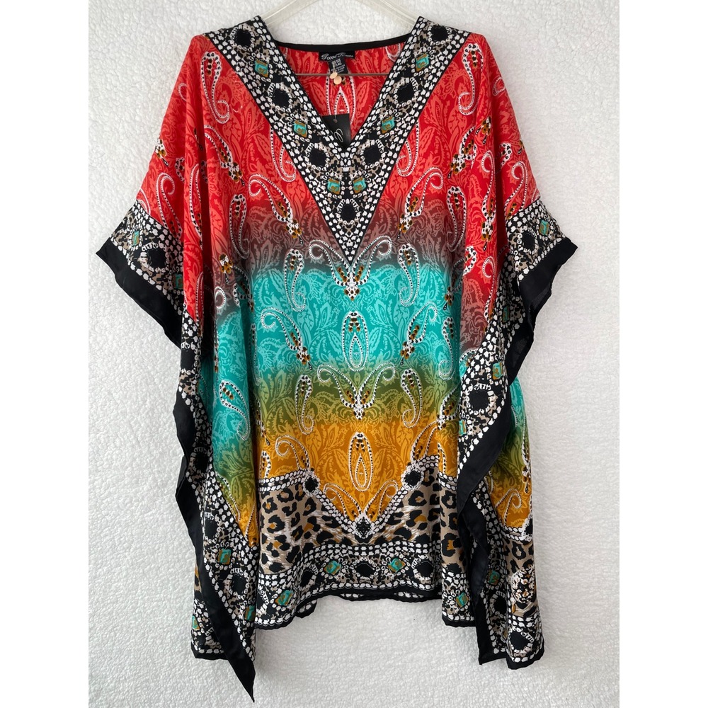 Good Times Kaftan Top One Size Paisley Ombre Cover Up V-Neck Poncho Tunic NWT